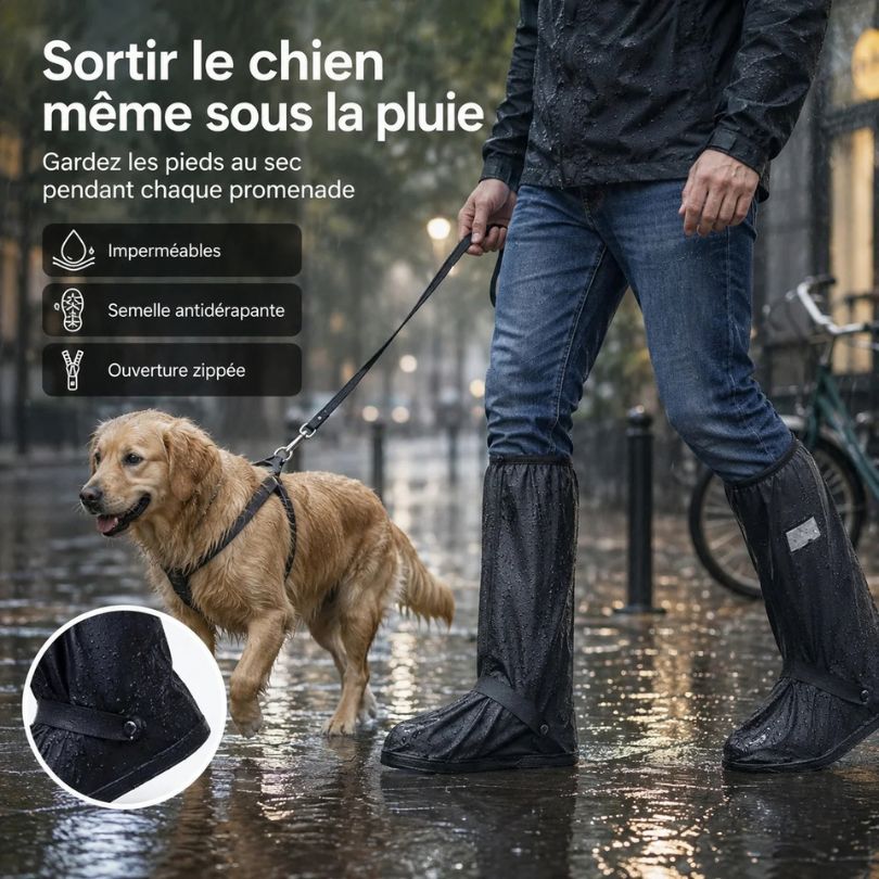 Promenade du chien sous la pluie