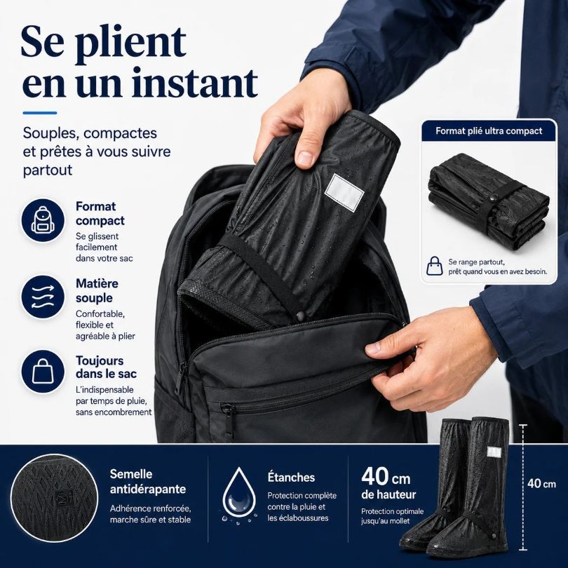 Sur-chaussures pliables et compactes, faciles à ranger dans un sac