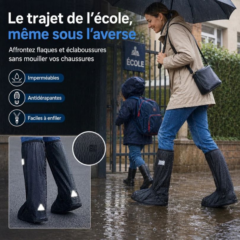 Trajet de l’école sous l’averse avec les sur-chaussures